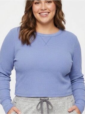 Aerie Blue Gray Thermal Waffle Knit Cropped Cabin Core Long Sleeve Top XL